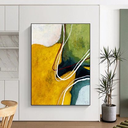 Acrylic Modern Art Paintings Yellow, Green, and White Dynamic Abstract Painting On Canvas HS822