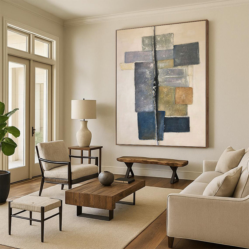 Hand-Painted Gray, Blue, and Beige Abstract Geometric Block Painting For Sale HS018