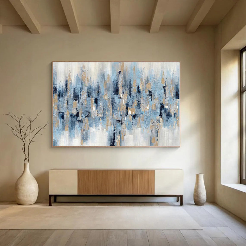 Oversized Canvas Art Blue, Beige and Gold Abstract Cityscape Painting WB122