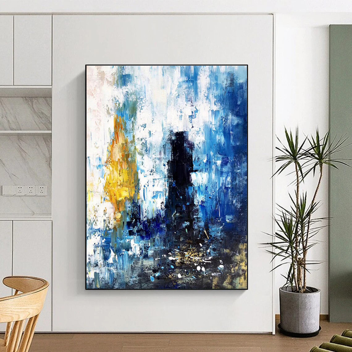 Hand-Painted Blue, Yellow & Black Gestural Abstract, Acrylic Modern Art Painting HS432