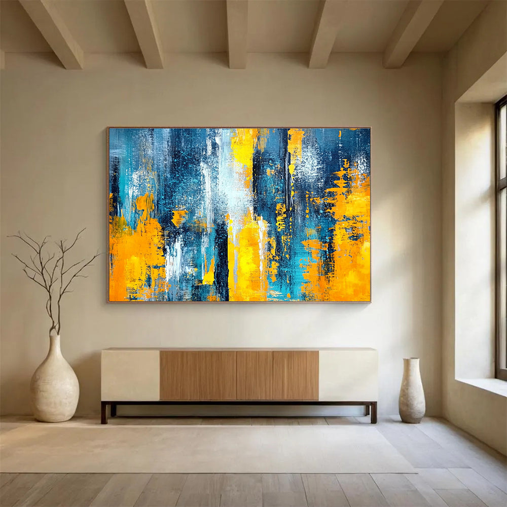 Horizontal Blue, Gray, and Gold Textured Abstract Painting WB266