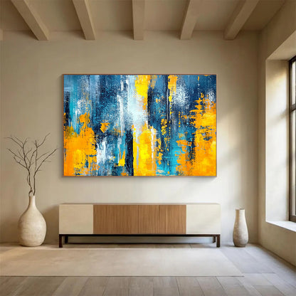 Horizontal Blue, Gray, and Gold Textured Abstract Painting WB266