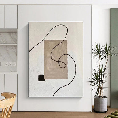 Hand-Painted Beige, Black, and White Abstract Line and Shape Painting For Sale HS064