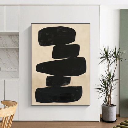Big Painting Black & Beige Abstract Stacked Shapes Art HS375