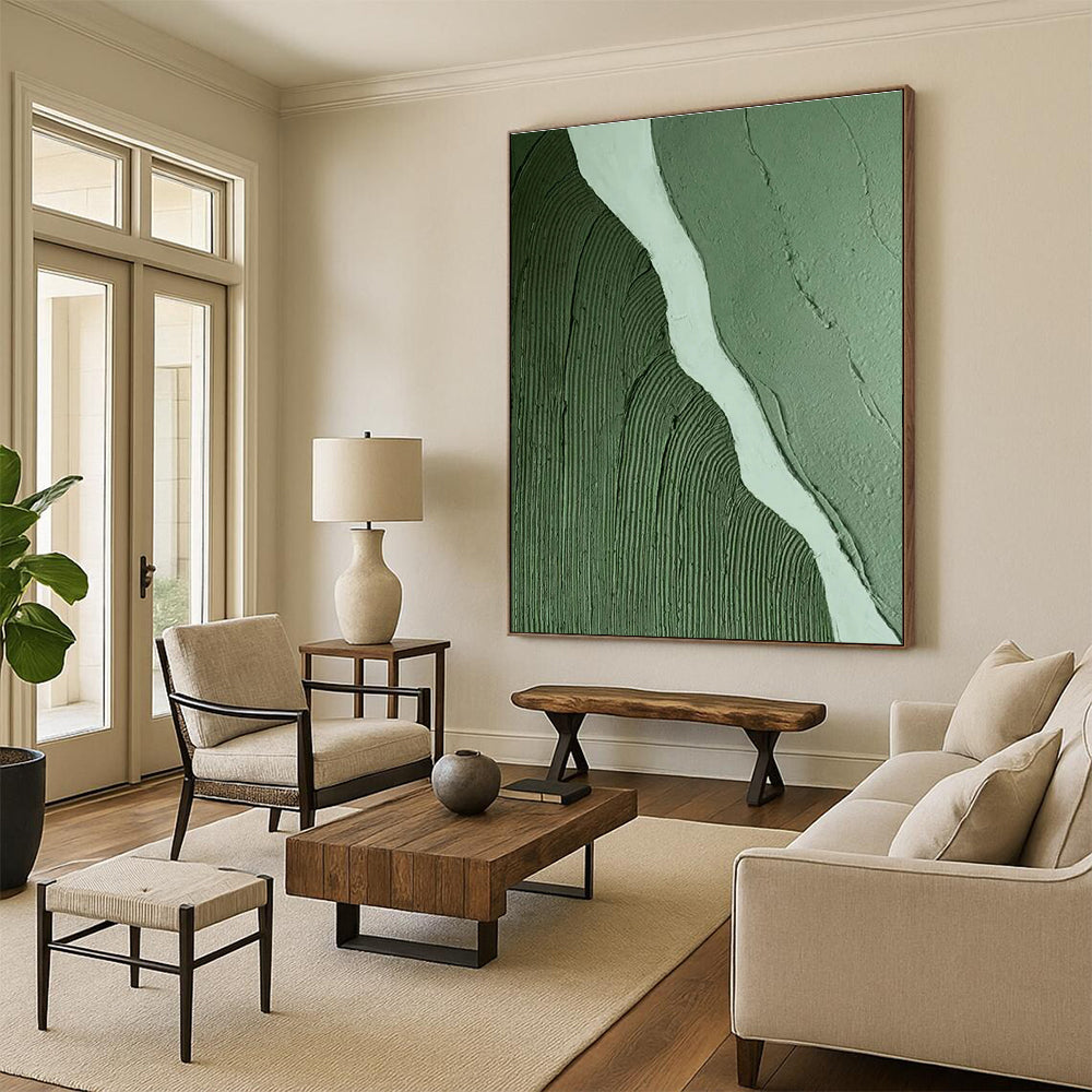 Handmade Art Green Textured Abstract Wave-Like Art, Large Contemporary Wall Art HS543