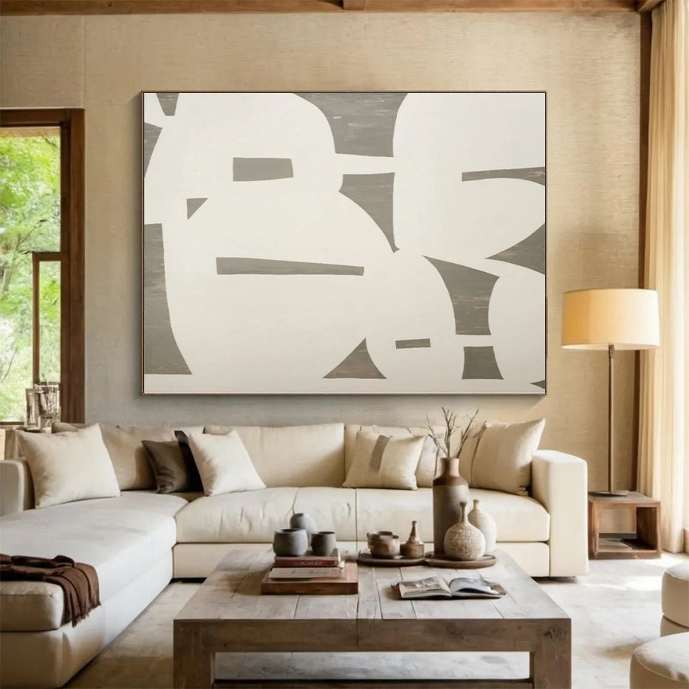 Hand-Painted White and Gray Abstract Geometric Shape Painting For Sale HS023