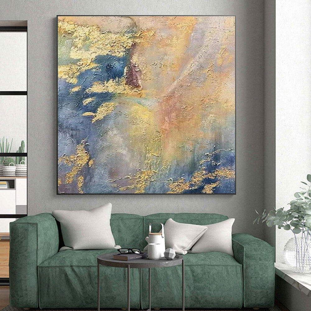 Hand Painted Art with Gold, Blue, Yellow, Gray Textures - Acrylic Modern Art Paintings for House HS507