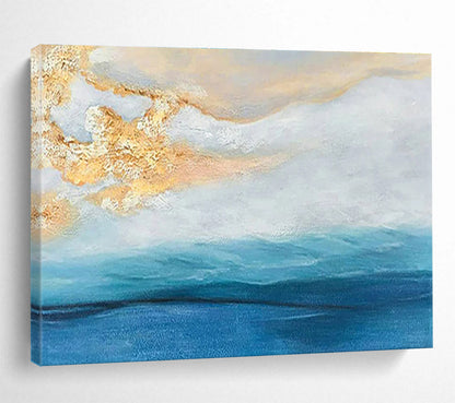 Contemporary Abstract Painting: Blue and Gold Coastal Sunset Abstract Painting WB341