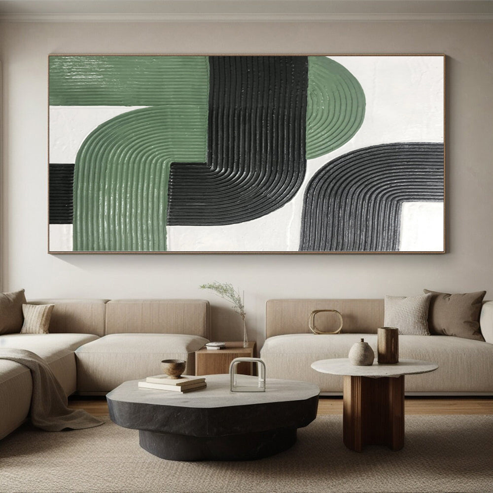 Hand-Painted Green, Black, and White Abstract Curved Line Textured Painting For Sale HS033