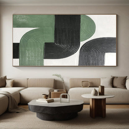 Hand-Painted Green, Black, and White Abstract Curved Line Textured Painting For Sale HS033