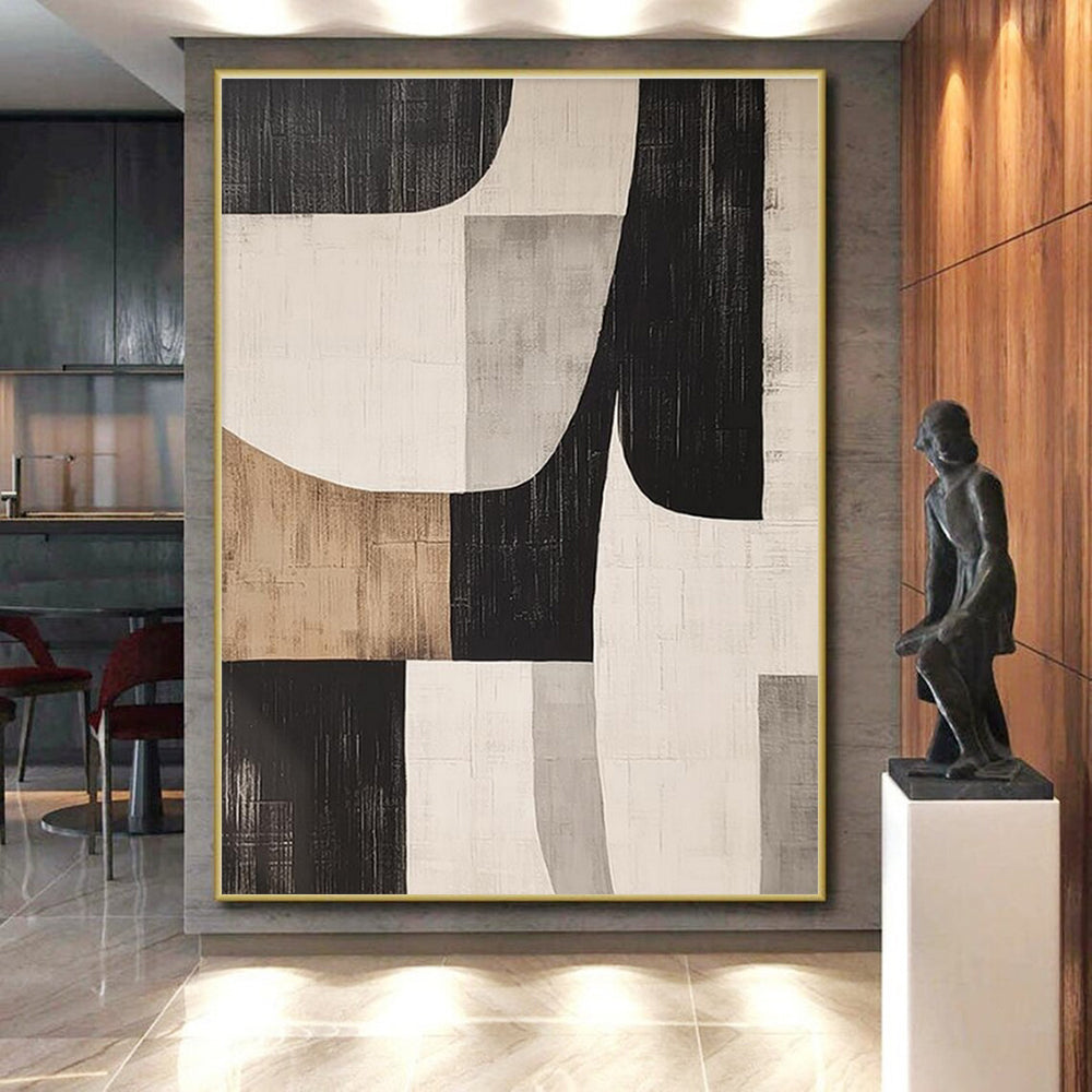 Unique Abstract Art Black, Beige, and Gray Geometric Abstract Art HS763