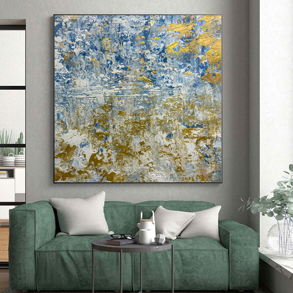 Hand Painted Art Blue, White, and Gold Abstract Textured Seaside Painting For Sale HS108