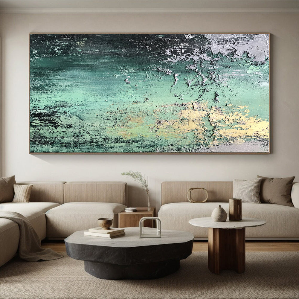 Hand Painted Art Green, Gray, and Gold Textured Abstract Art HS187