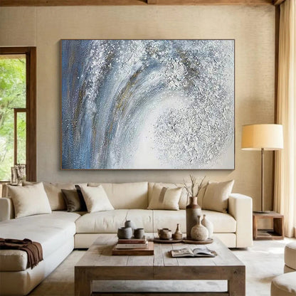Hand Painted Art Blue & White Textured Wave Abstract, Acrylic Modern Art Painting HS258