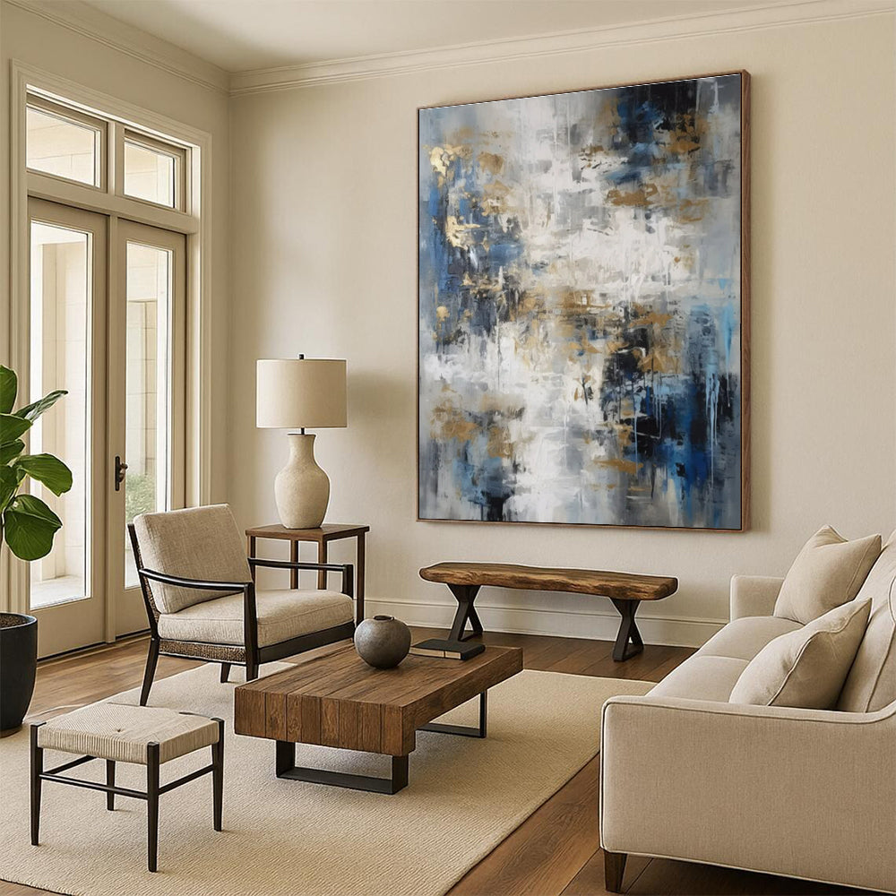 Cool Abstract Paintings Blue, Gray, and Gold Textured Abstract Art HS746
