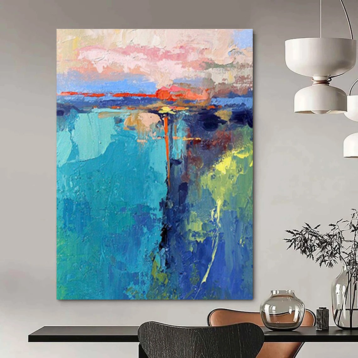 Turquoise, Pink, and Orange Abstract Coastal Painting For Sale Online WS483