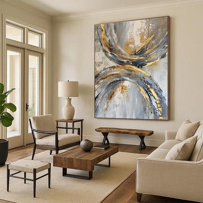 Cool Abstract Paintings Gold, Gray, and Black Circular Abstract Art HS737