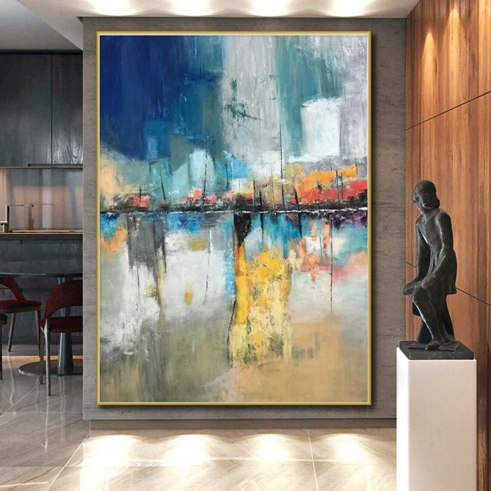 Acrylic Modern Art Paintings Blue, Gray, and Orange Dynamic Abstract Painting On Canvas HS806