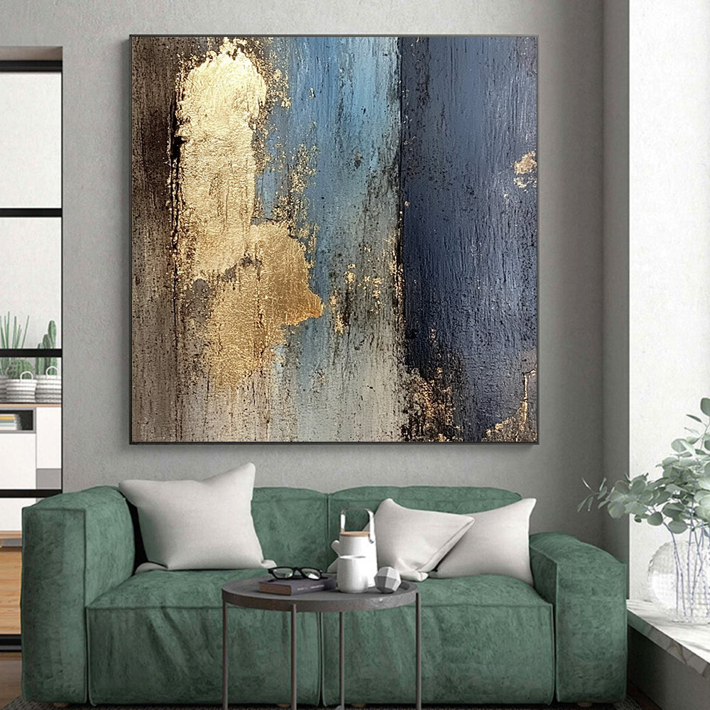 Handmade Art Blue, Black, and Gold Textured Abstract Art HS184