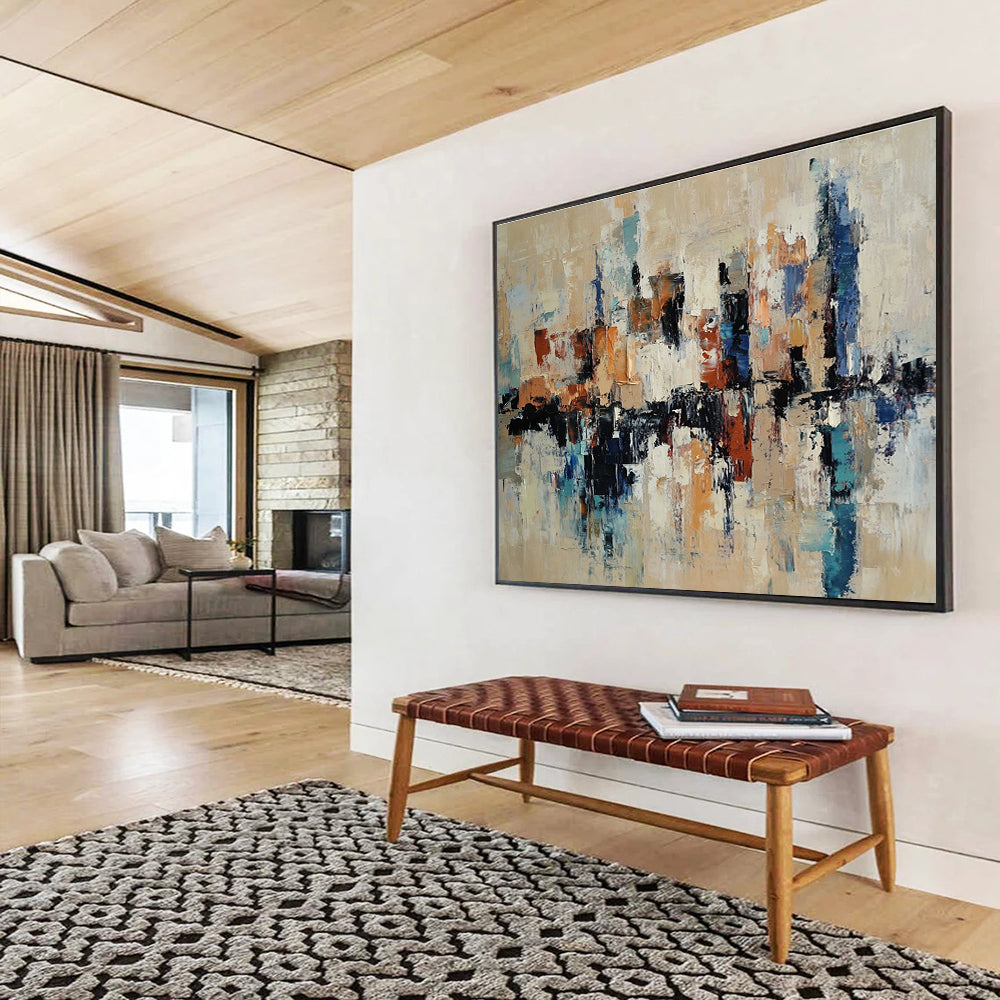 Modern Art Abstract Paintings with Beige, Blue, Brown, White and Black Colors, Urban Reflection Theme WB310