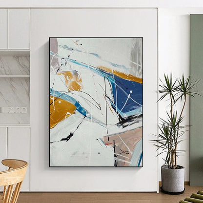 Big Painting Blue, Gold & White Gestural Abstract, Acrylic Modern Art Painting HS219