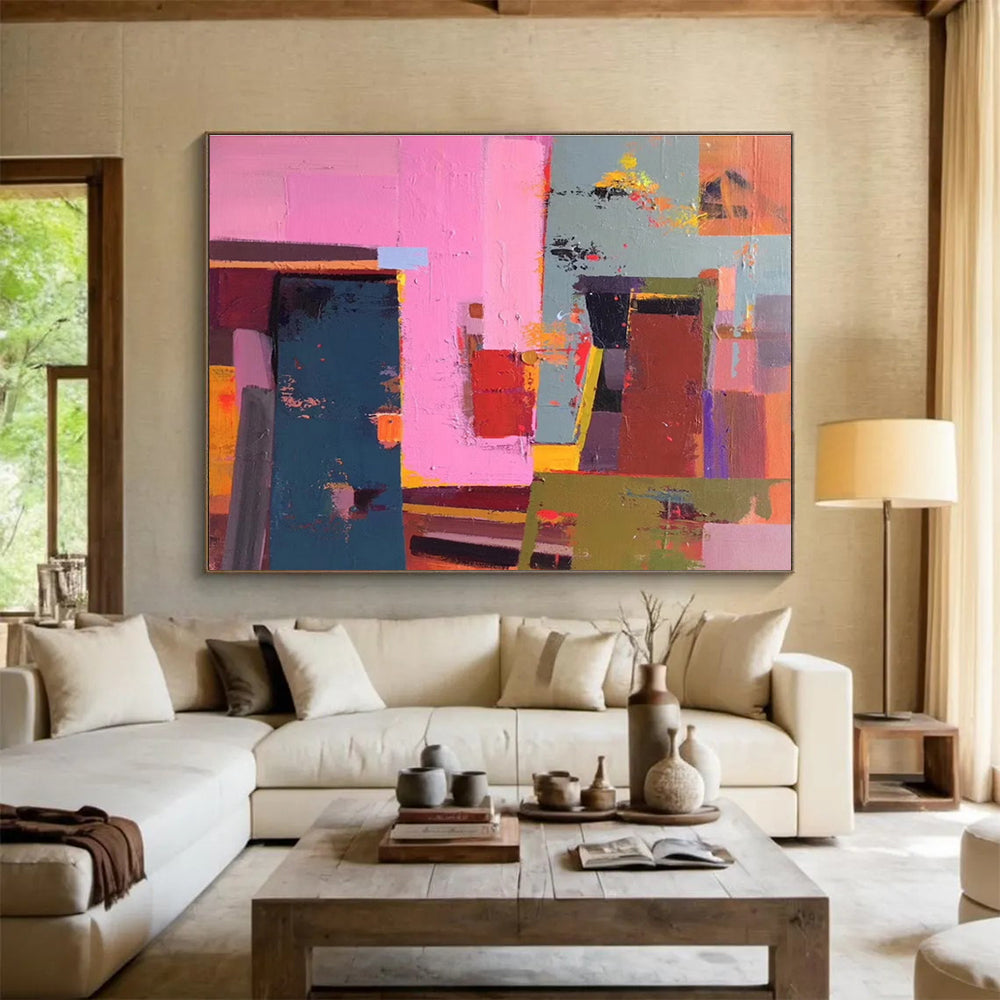 Huge Size Pink, Teal, and Multicolor Geometric Abstract Art, Abstract Acrylic Painting WB165
