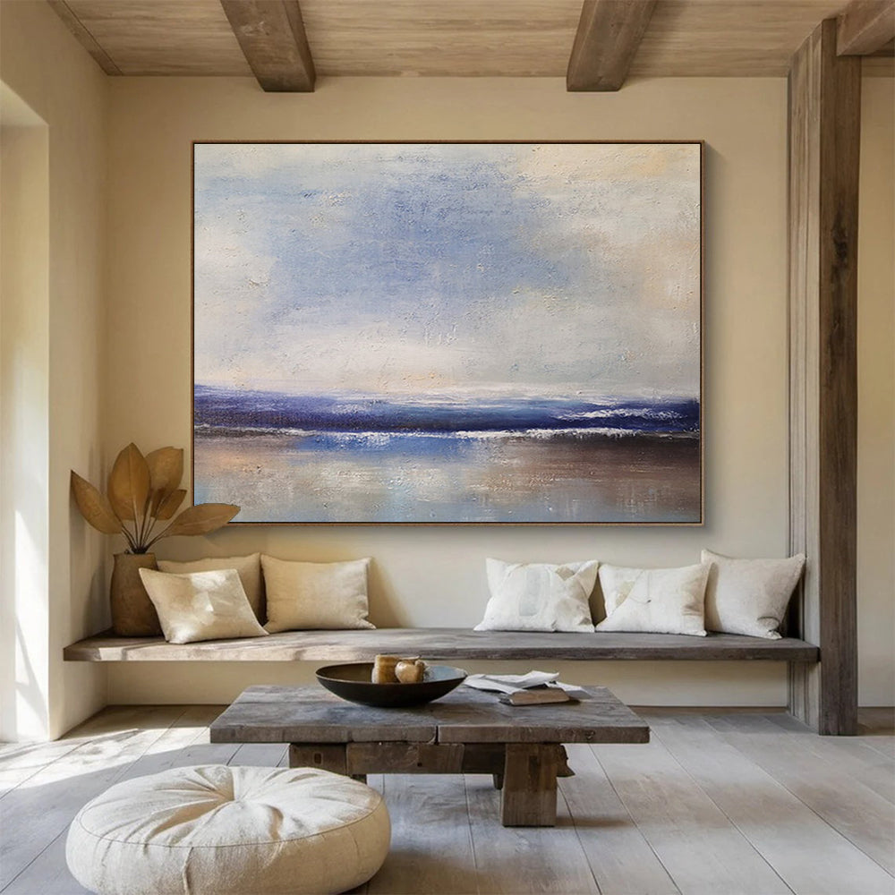 Horizontal Big Size Blue and Brown Abstract Seaside Painting WB191