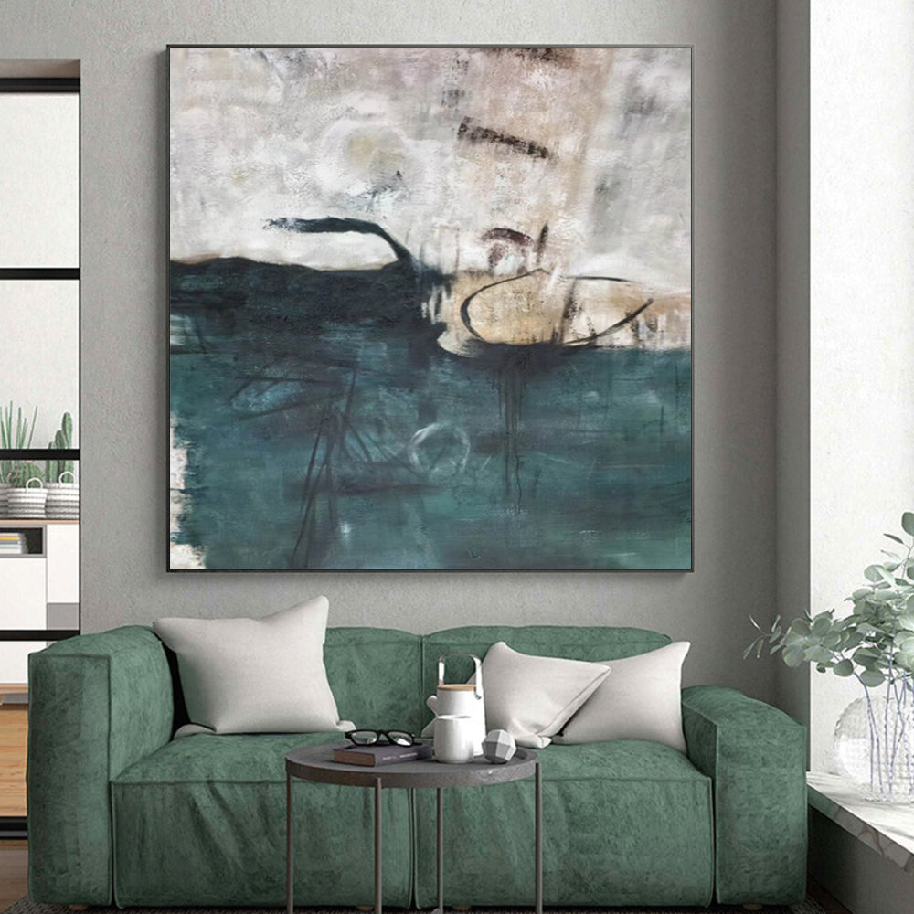 Hand-Painted Teal & Beige Abstract Coastal Landscape Art HS397