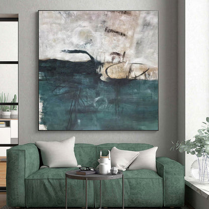 Hand-Painted Teal & Beige Abstract Coastal Landscape Art HS397