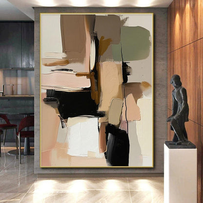 Hand-Painted Multicolor Beige Abstract Geometric Shape Painting For Sale HS055