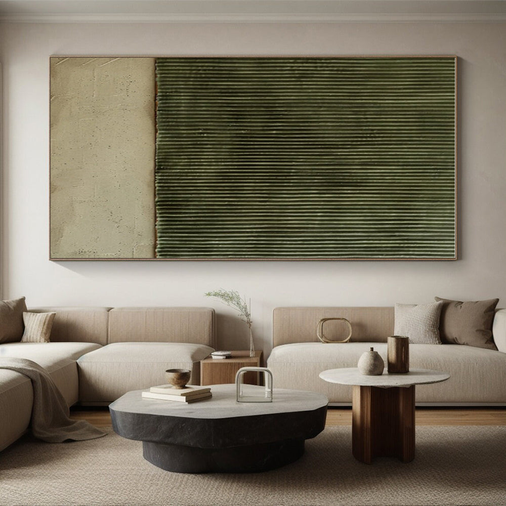 Handmade Art Green & Beige Textured Abstract, Minimalist Canvas Art HS354