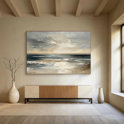 Contemporary Abstract Painting with Gray, Beige, Black and White Colors, Textured Sea Theme WB319