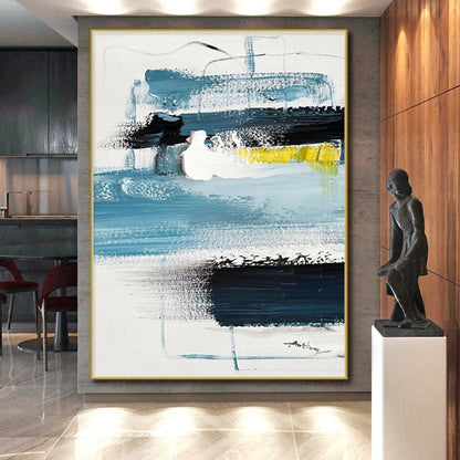 Modern Art Acrylic Blues, Black, White, and Yellow Abstract Composition HS586