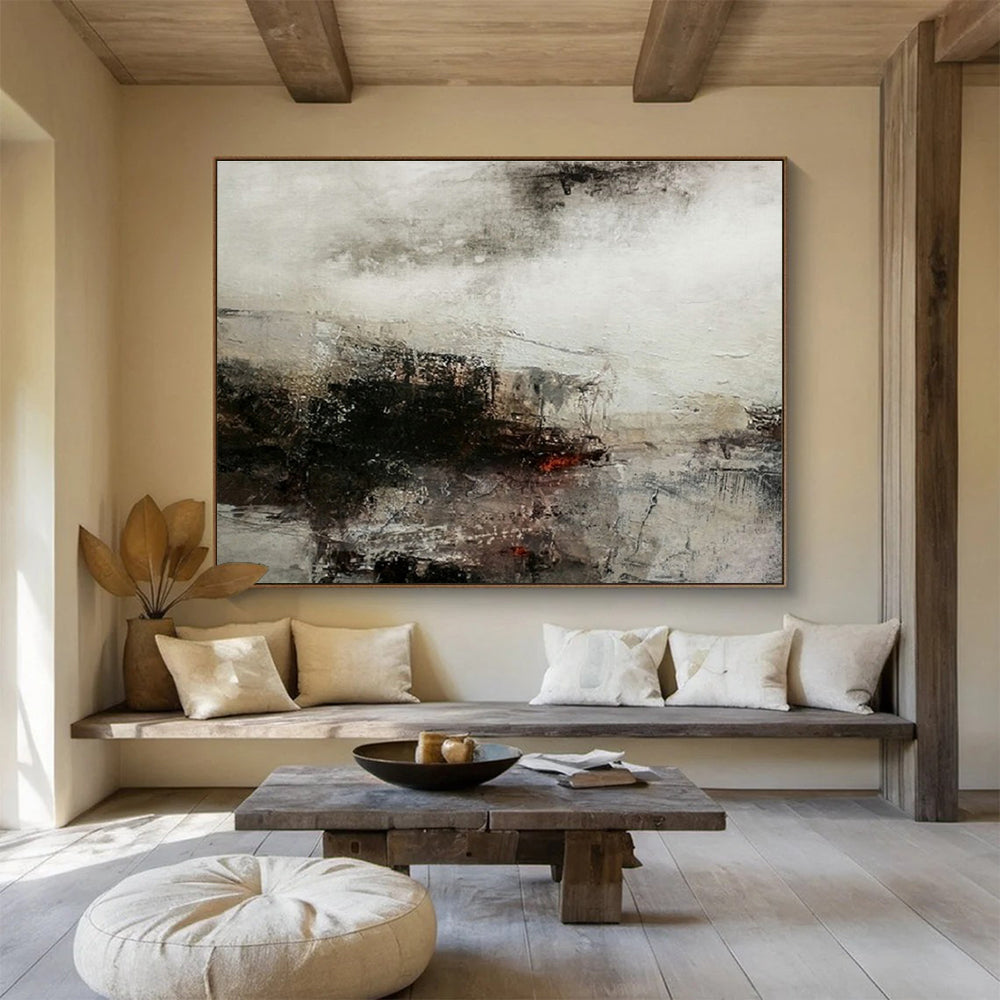 Gray, Black, Beige Abstract Misty Landscape Art For Sale WB391
