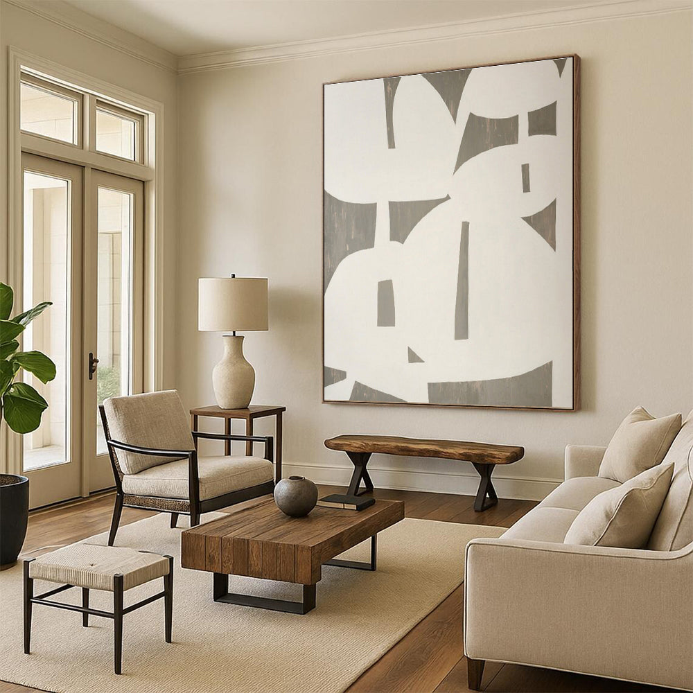 Modern Art Acrylic White and Gray Geometric Abstract Art HS639