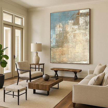 Handmade Art with Teal, White and Beige Colors, Abstract Coastal Theme HS499