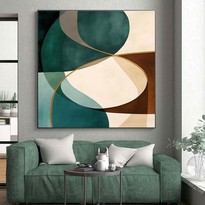 Modern Art Acrylic Teal, Brown, and Beige Circular Abstract Art HS736