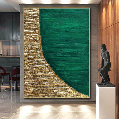 Hand-Painted Green and Gold Abstract Textured Shape Painting For Sale HS048