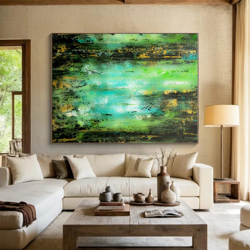 Acrylic Modern Art Paintings Green, Teal, and Gold Textured Abstract Art HS728