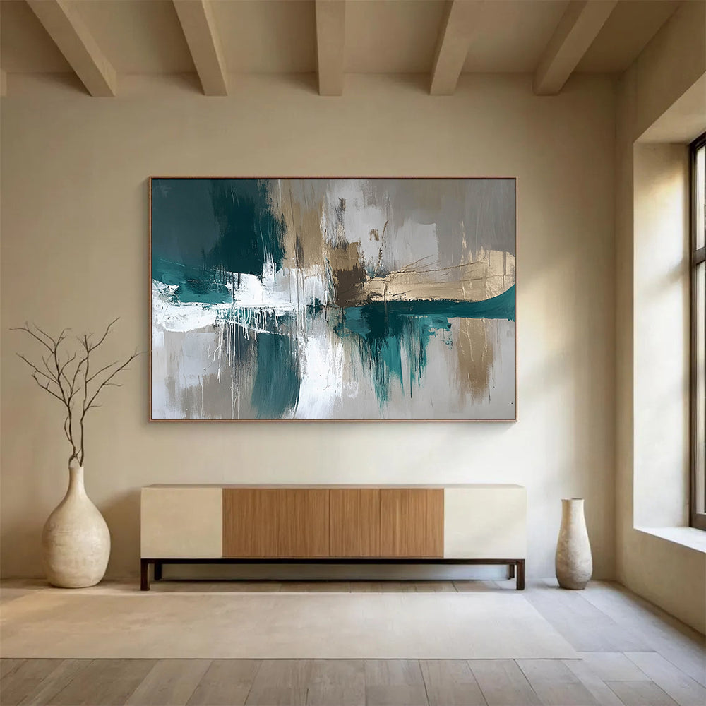 Extra Large Size Teal, Gold, Beige, and White Abstract Textured Art - Acrylic Painting WB299