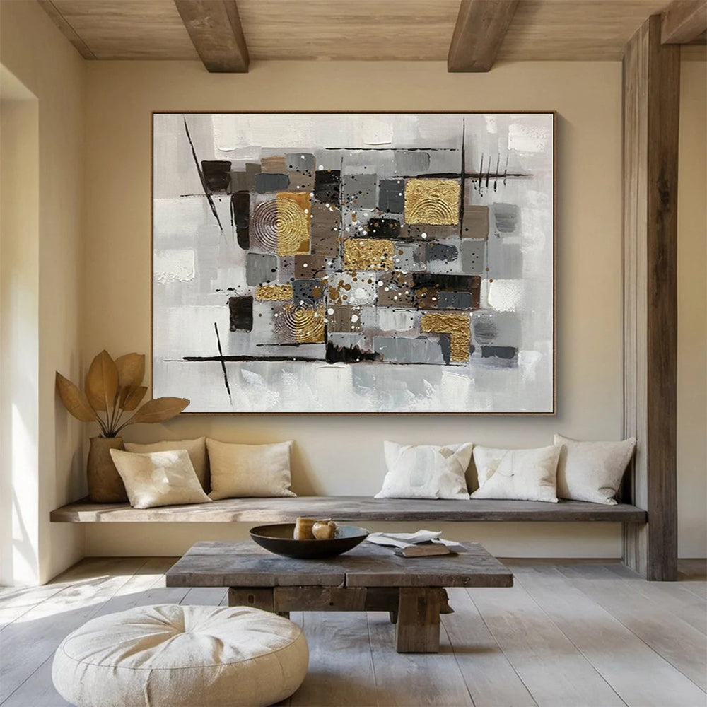 Big Size Gray, Gold and Black Abstract Geometric Painting WB091