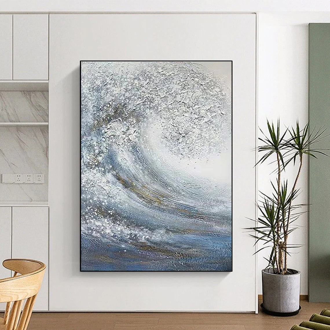 Hand Painted Art Blue & White Textured Wave Abstract, Acrylic Modern Art Painting HS258