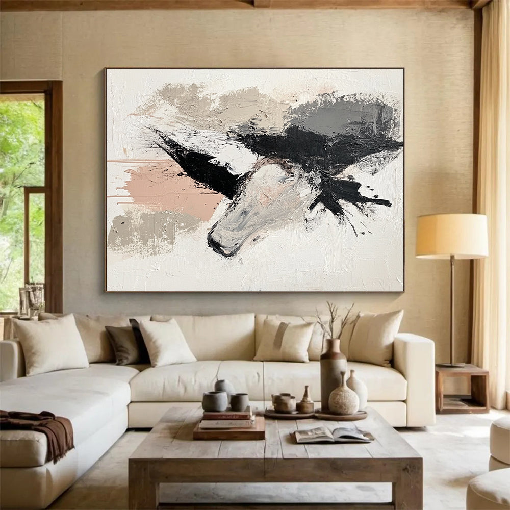 Unique Abstract Art Gray, Black, and Beige Abstract Horse Painting For Sale HS143