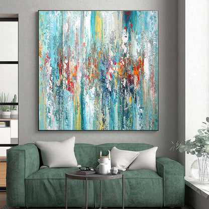 Hand-Painted Turquoise, Red & Yellow Abstract Vertical Strokes Art HS381