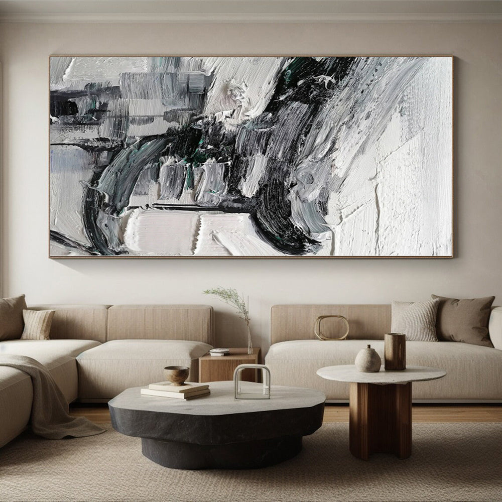 Hand-Painted Black, White, and Gray Abstract Textured Urban Painting For Sale HS059
