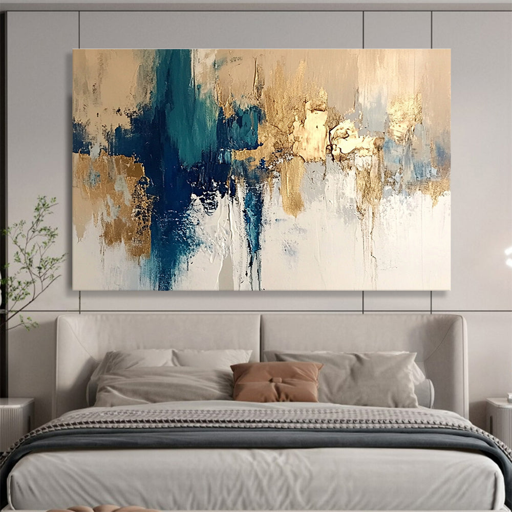 Extra Large Size Teal, Gold, and White Abstract Textured Art - Acrylic Painting WB275