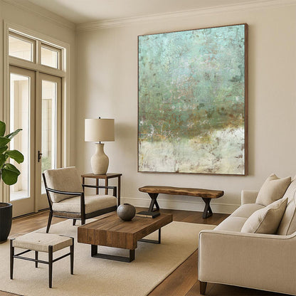 Hand-Painted Turquoise and Beige Abstract Textured Painting For Sale HS071