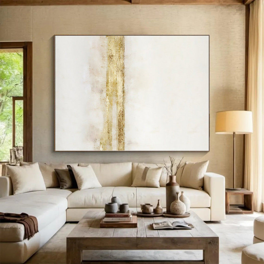 Hand-Painted White and Gold Abstract Minimalist Painting For Sale HS091