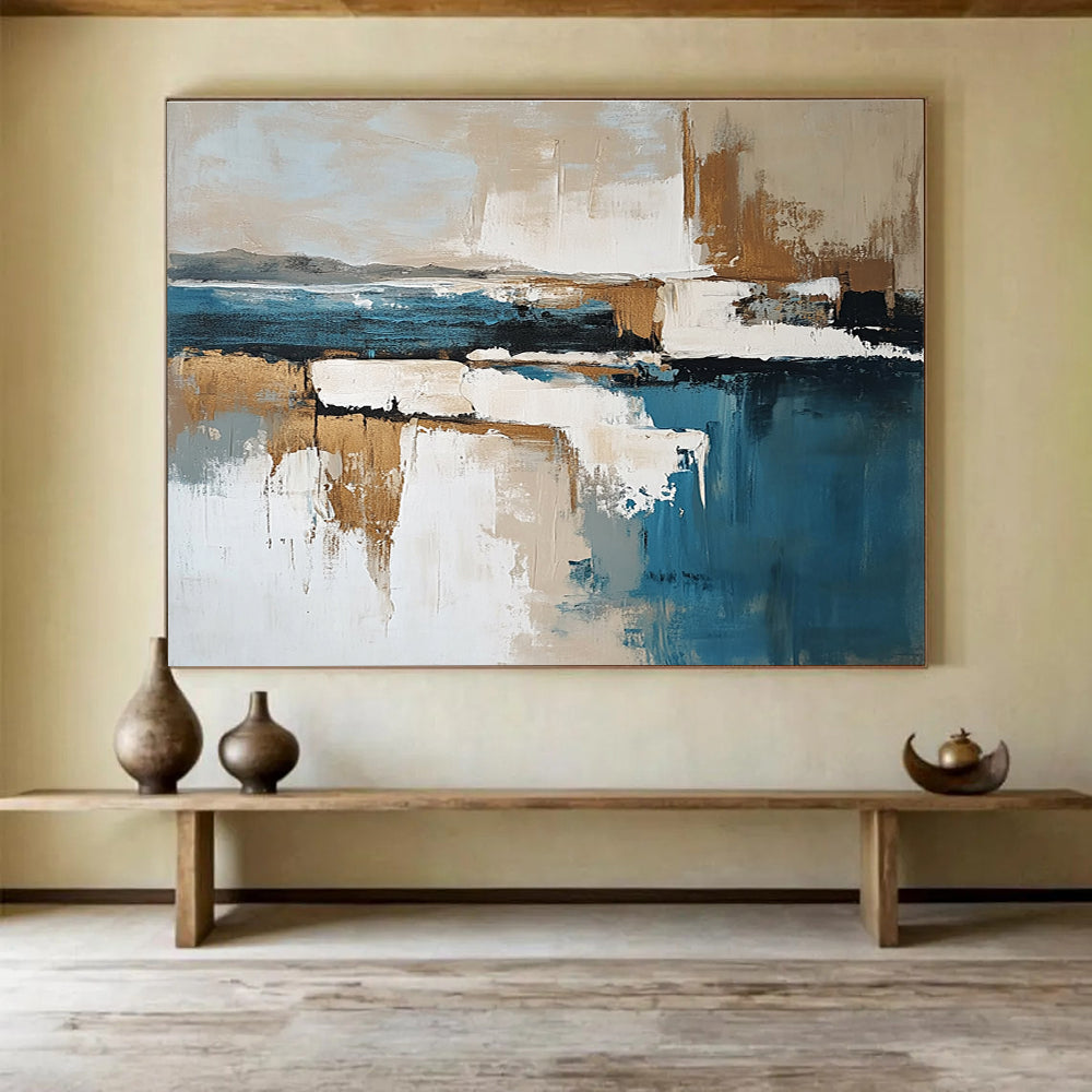 Hand Paintings with Blue, Beige, White and Brown Colors, Abstract Landscape with Reflection Theme WB308