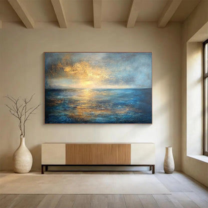 Huge Size Blue, Gold, and Gray Abstract Sunset Over Ocean - Acrylic Painting WB288